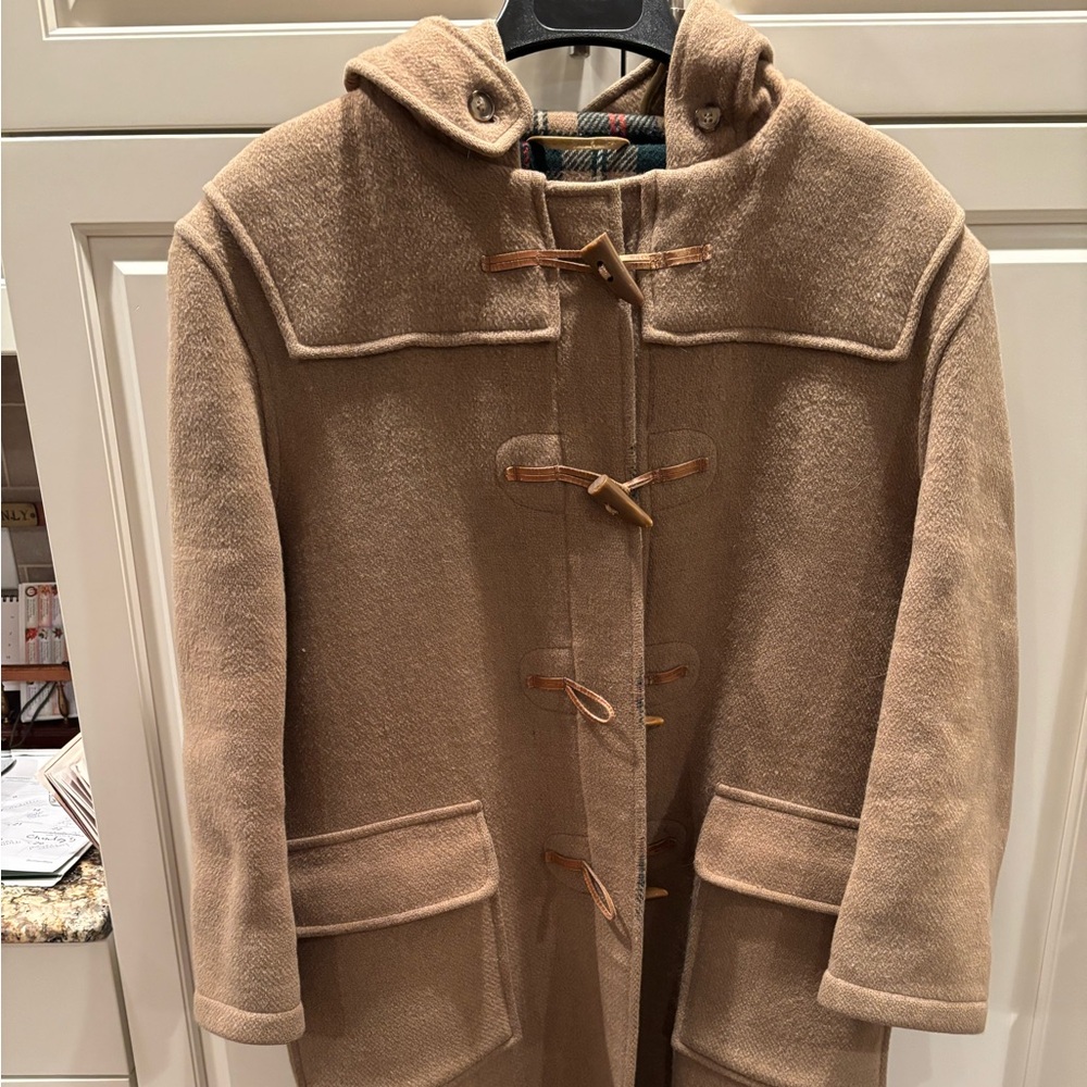Classic Tan Duffle Toggle Coat with Plaid Lining